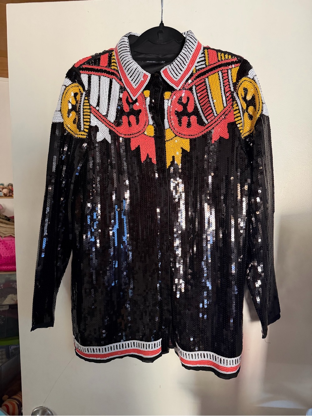 Nasty Gal Black Sequin Blazer with Red Yellow White Embellished Collar